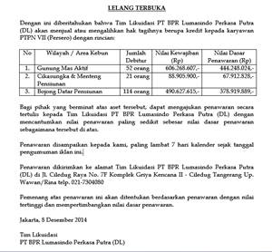 Lelang Terbuka PT BPR Lumasindo Perkasa Putra (DL)